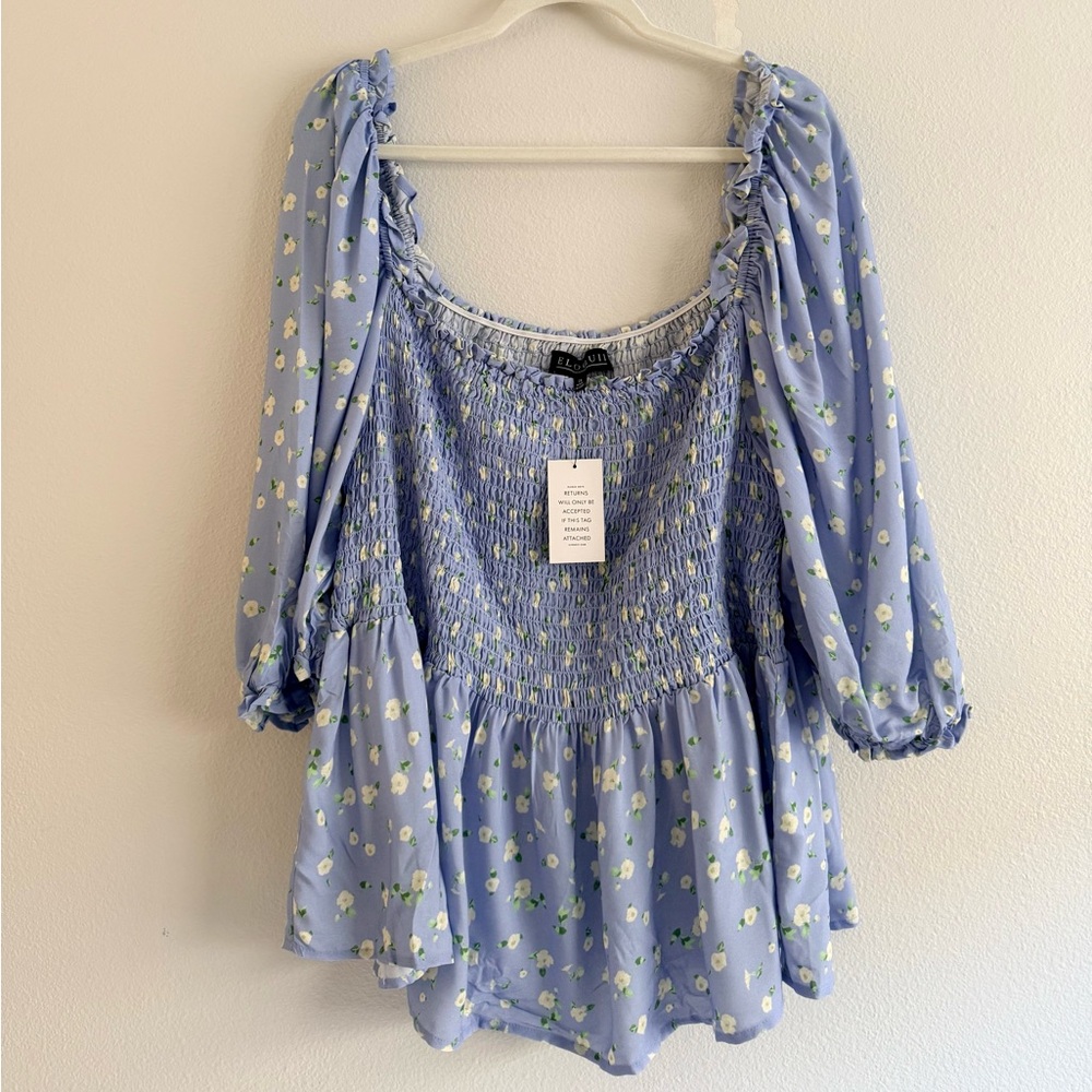 ELOQUII blue floral puff sleeve smocked peplum top Women’s‎ sz 28 NWT